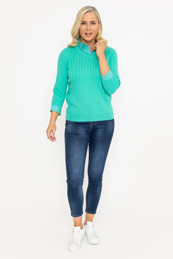 Carraig Donn Green Cable Knit Sweater With Shirt Collar