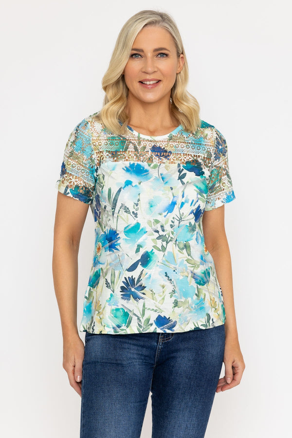 Carraig Donn Green Foil Print Top With Lace