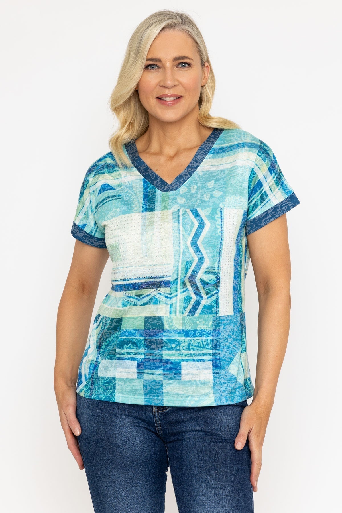 Green Printed V Neck Burnout Top