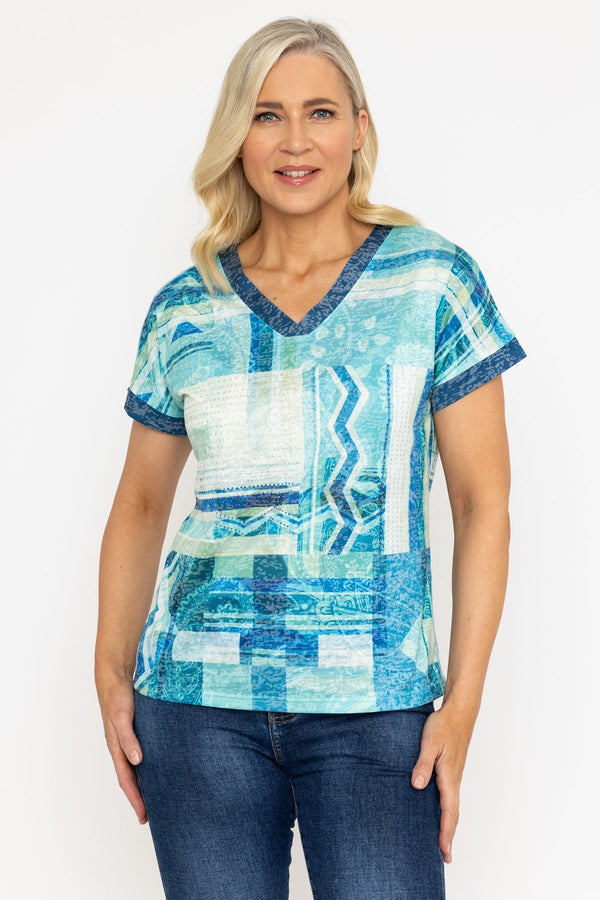 Carraig Donn Green Printed V Neck Burnout Top
