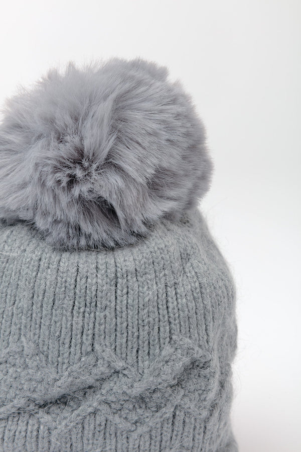 Carraig Donn Grey Cable Knit Beanie with Pom