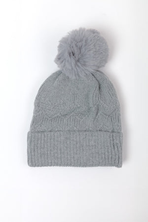 Carraig Donn Grey Cable Knit Beanie with Pom