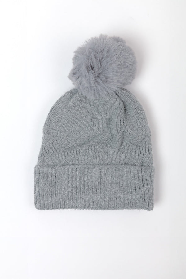 Carraig Donn Grey Cable Knit Beanie with Pom
