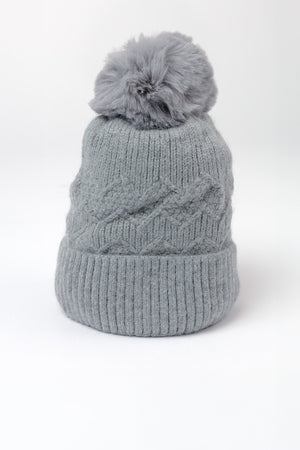 Carraig Donn Grey Cable Knit Beanie with Pom