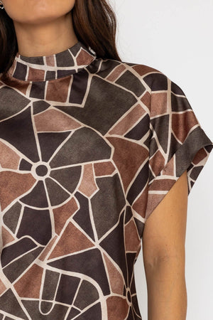 Carraig Donn High Neck Sateen Top in Khaki Print