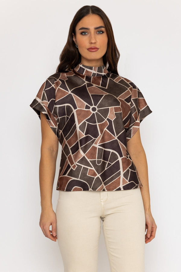 Carraig Donn High Neck Sateen Top in Khaki Print