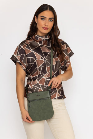 Carraig Donn High Neck Sateen Top in Khaki Print