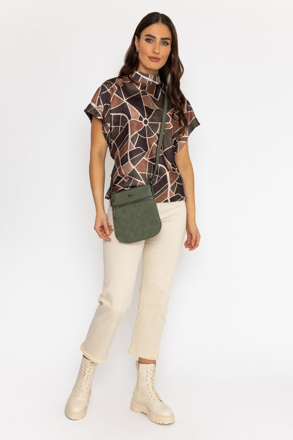 Carraig Donn High Neck Sateen Top in Khaki Print
