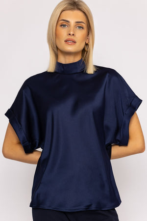Carraig Donn High Neck Sateen Top in Navy