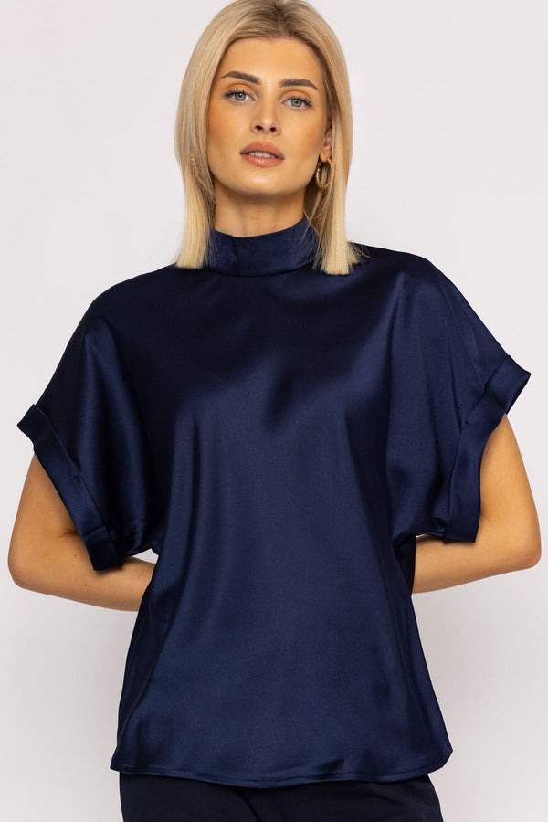 Carraig Donn High Neck Sateen Top in Navy