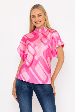 Carraig Donn High Neck Sateen Top in Pink Print