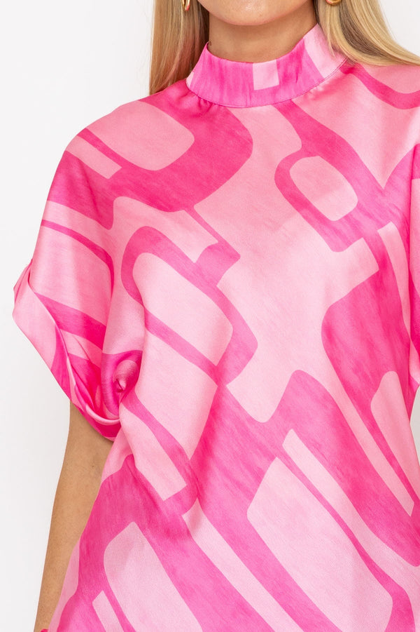Carraig Donn High Neck Sateen Top in Pink Print