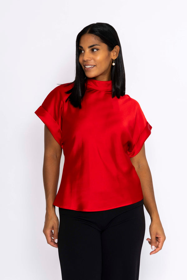 Carraig Donn High Neck Sateen Top in Red