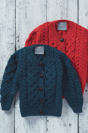 Carraig Donn Kids Aran Cardigan in Blue