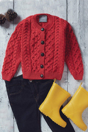 Carraig Donn Kids Aran Cardigan in Red