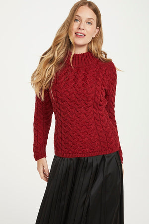 Carraig Donn Knightstown Aran Crew Sweater in Red
