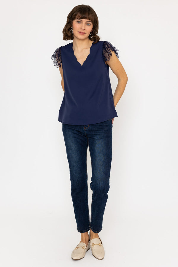 Carraig Donn Lace Cap Sleeve Top in Navy