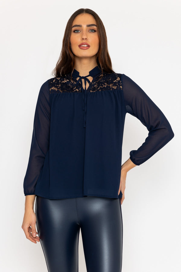 Carraig Donn Lace Insert Blouse in Navy