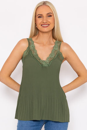Carraig Donn Lace Trim Pleated Cami in Khaki