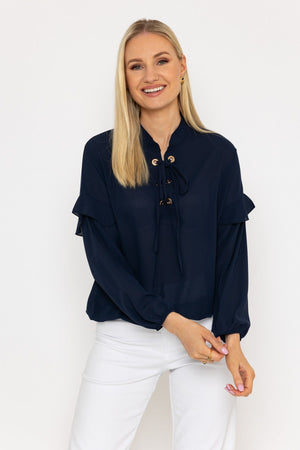 Carraig Donn Lace Up Blouse in Navy