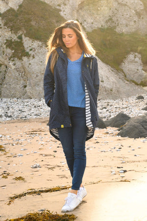 Carraig Donn Long Beachcomber Jacket in Navy Dot