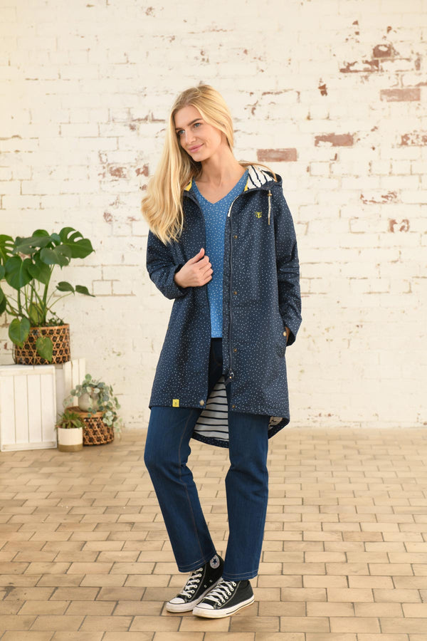 Carraig Donn Long Beachcomber Jacket in Navy Dot