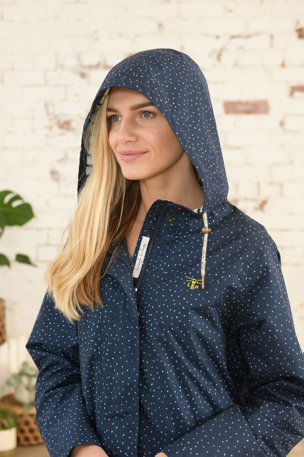 Carraig Donn Long Beachcomber Jacket in Navy Dot