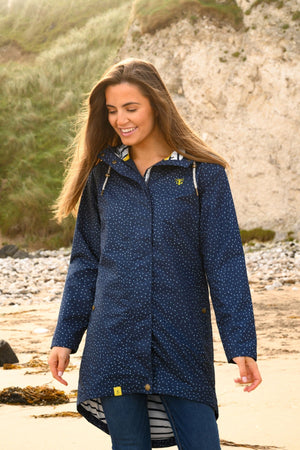 Carraig Donn Long Beachcomber Jacket in Navy Dot