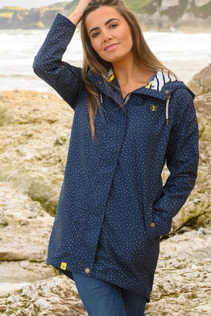 Carraig Donn Long Beachcomber Jacket in Navy Dot