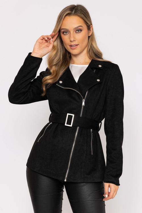 Long Line Suede Biker in Black