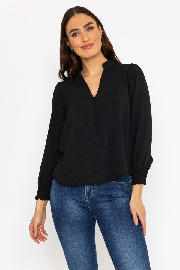 Carraig Donn Long Sleeve Collarless Top in Black