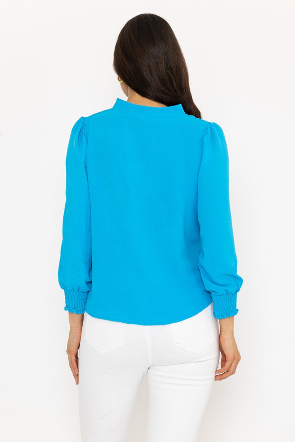 Carraig Donn Long Sleeve Collarless Top in Blue