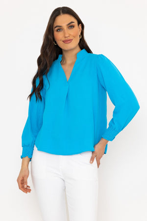 Carraig Donn Long Sleeve Collarless Top in Blue