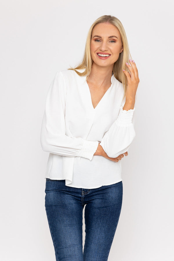 Carraig Donn Long Sleeve Collarless Top in Ecru