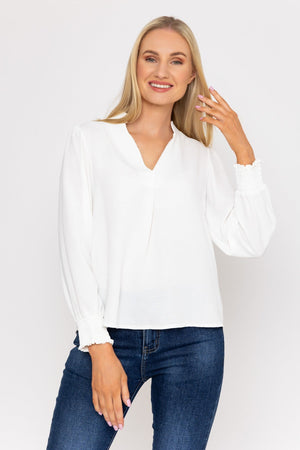 Carraig Donn Long Sleeve Collarless Top in Ecru