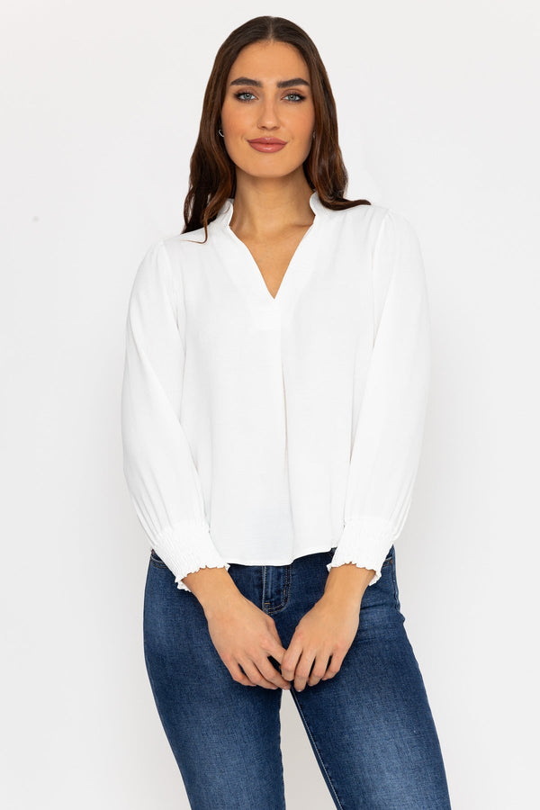 Carraig Donn Long Sleeve Collarless Top in Ecru