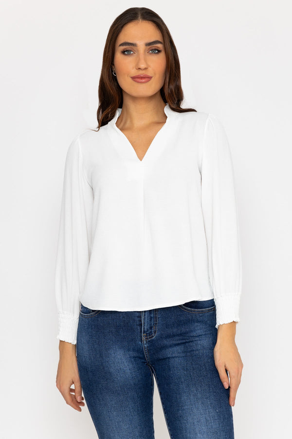 Carraig Donn Long Sleeve Collarless Top in Ecru
