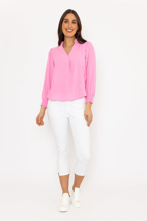 Carraig Donn Long Sleeve Collarless Top in Pink