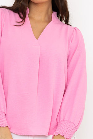 Carraig Donn Long Sleeve Collarless Top in Pink