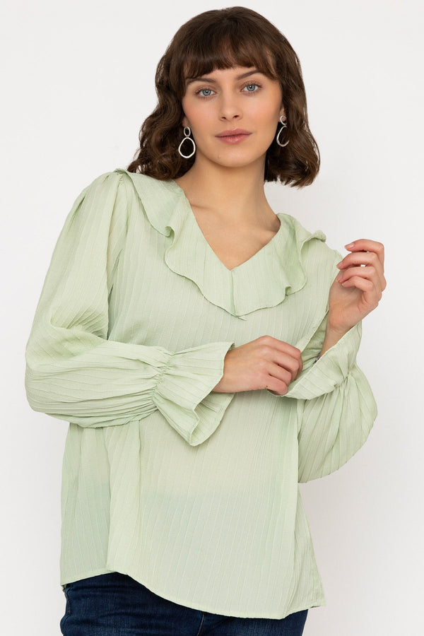 Carraig Donn Long Sleeve Ruffle Blouse in Sage