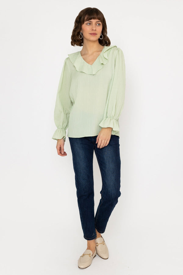 Carraig Donn Long Sleeve Ruffle Blouse in Sage