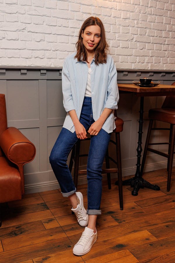 Carraig Donn Longline Stripe Shirt in Blue