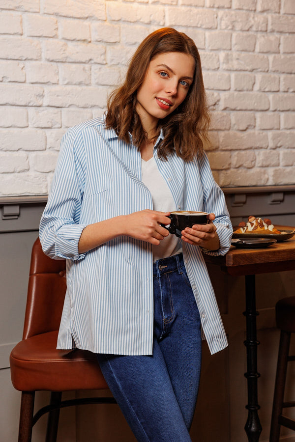 Carraig Donn Longline Stripe Shirt in Blue