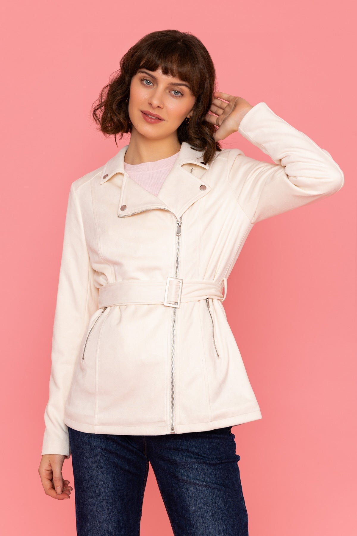 Longline Suede Biker in Ecru