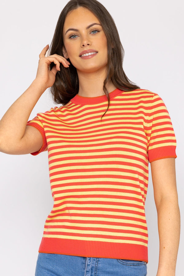 Carraig Donn Merino Stripe Crew in Coral