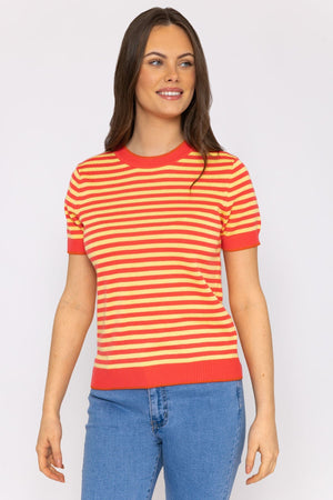 Carraig Donn Merino Stripe Crew in Coral