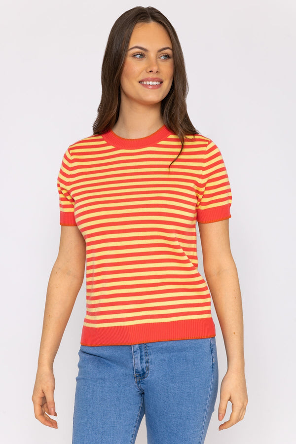 Carraig Donn Merino Stripe Crew in Coral