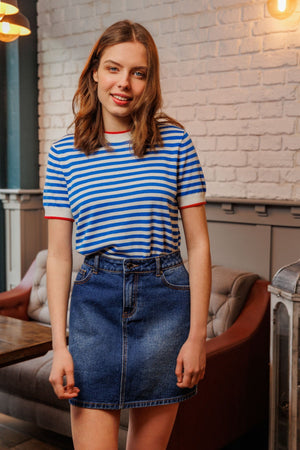 Carraig Donn Merino Stripe Crew in Navy