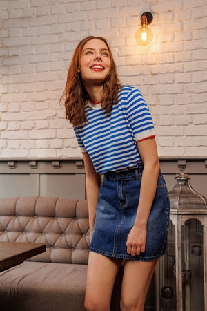 Carraig Donn Merino Stripe Crew in Navy