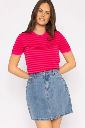 Carraig Donn Merino Stripe Crew in Pink